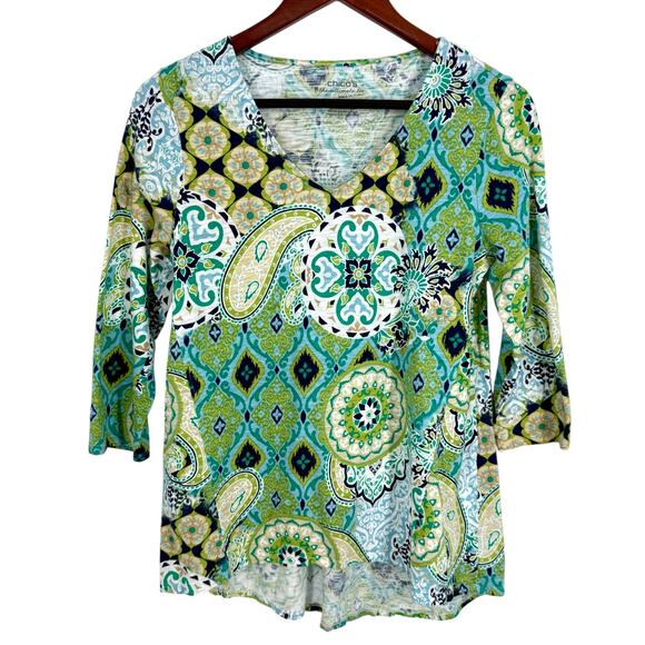 Chicos Sz Small The Ultimate Tee US 4/6 0 Green Blouse Shirt Top Artsy Tropical - Picture 1 of 6